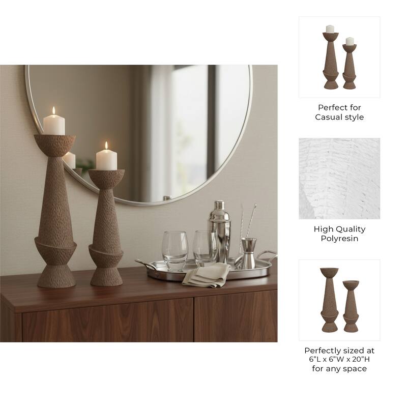 Candle Holder Set of 2 - Tan Resin Textured Pillar, 16/20" - 20.0"