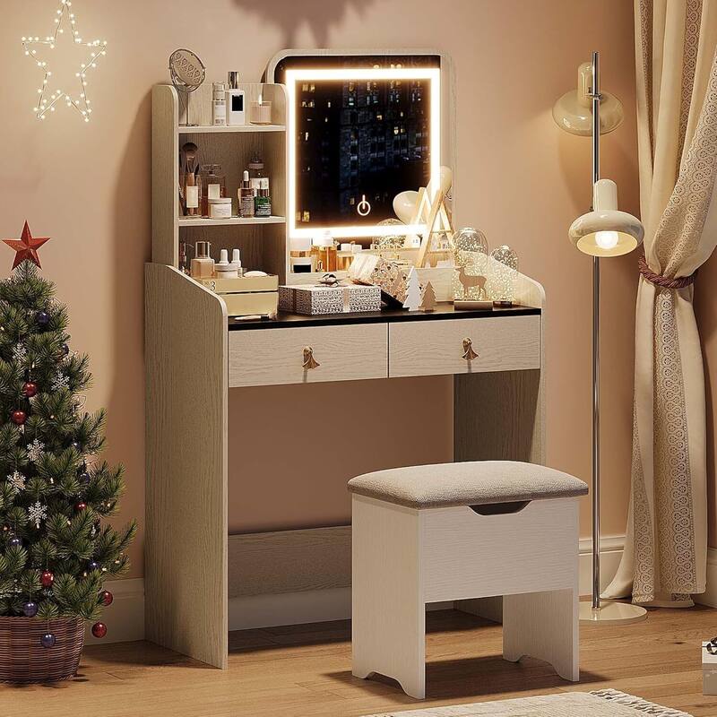 2 Drawers Makeup Vanity Table with LED Light Mirror and Charging Station - White + Black Tabletop