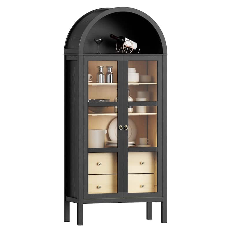 Modern Arched Cabinet with Glass Doors,72" Tall Arch Storage Cabinet with Height Adjustable Shelf and 2 Drawers Bookshelf - Black
