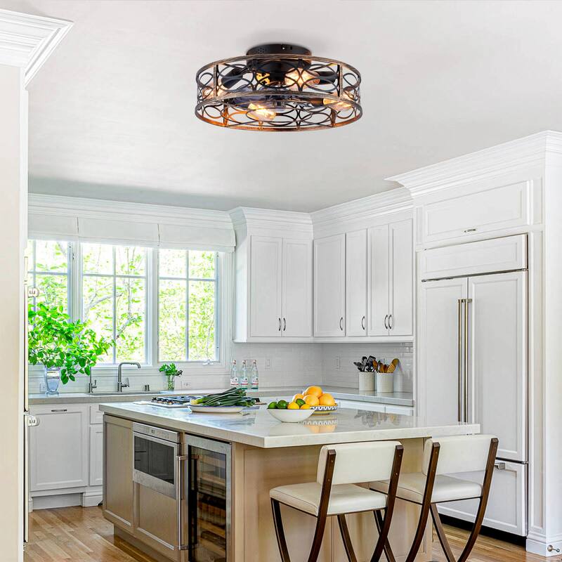 20 inch Flush Mount Ceiling Fan Light with Remote Caged Farmhouse Fandelier Black Wood Low Profile