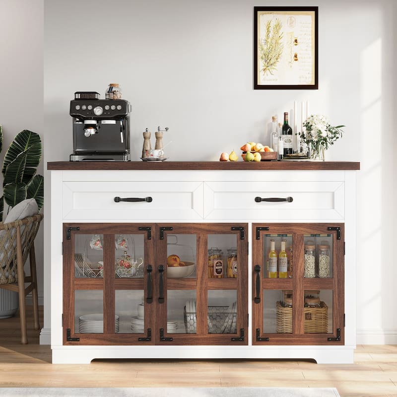 Gymojoy 53" Farmhouse Buffet Cabinet with Glass Doors, Modern Sideboard Storage Console for Kitchen, Dining Room, Living Room