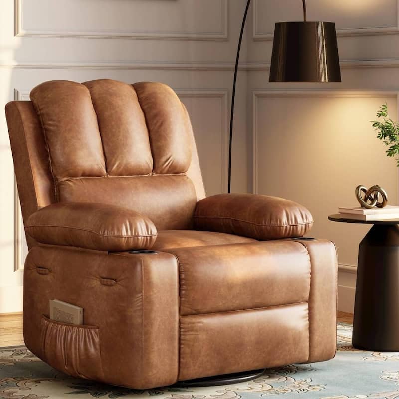 360° Rotation Manual Rocking Chair, Recliner Sofa Chair with Heat & Massage - Brown