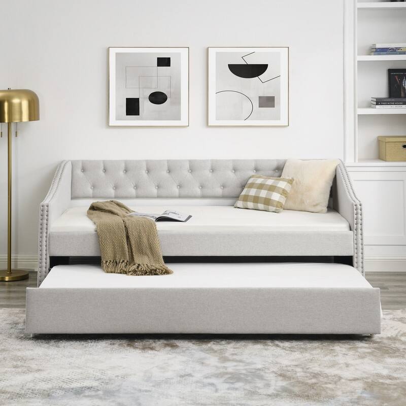 Upholstered Twin Daybed with Trundle,Polyester Fabric Sofa Bed with Button Tufted for Living Room,Bedroom