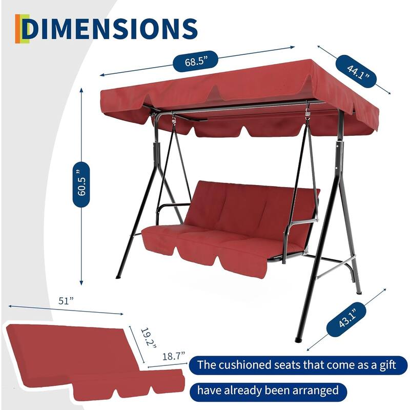 3 Seater Outdoor Swing Chair With Adjustable Canopy for Porch