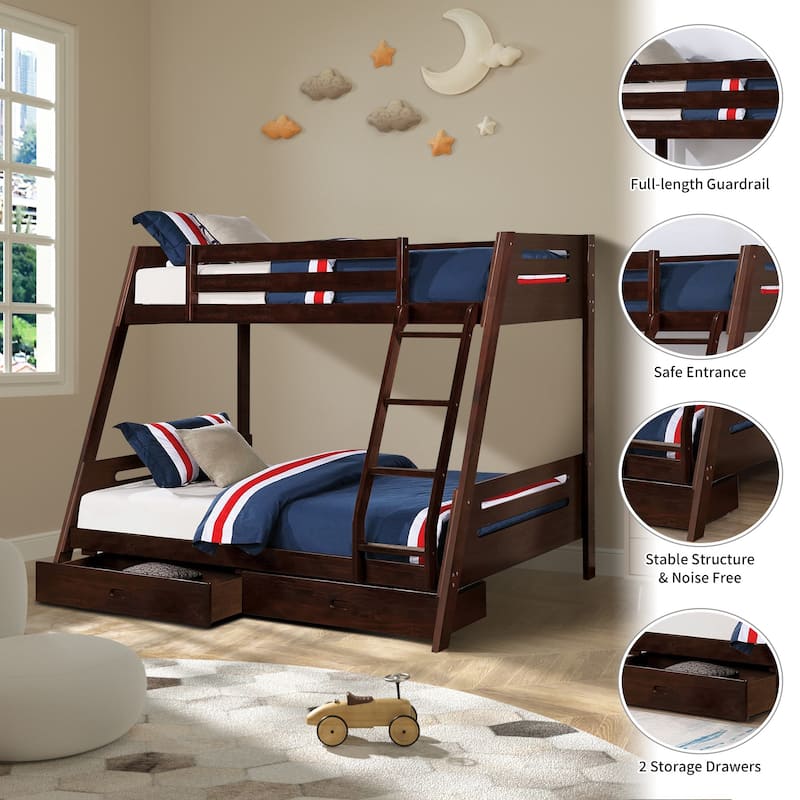 Modern Espresso Solid Wood Twin Bunk Bed with Storage Drawers