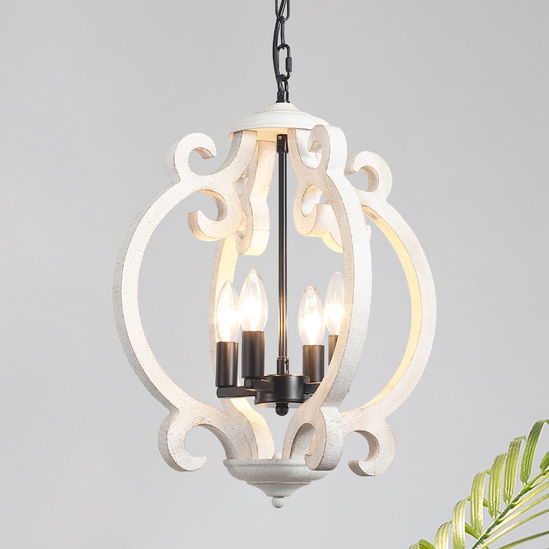 4-Light Antique Wood French Country Chandelier Vintage Pendant for Dining Room - Black
