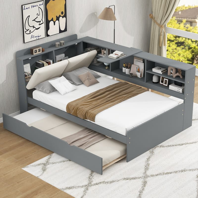 Twin Size Platform Bed with Trundle Bed, Built-in Storage Headboard, Shelves, and Rotating Board, Upholstered Backrest - Gray