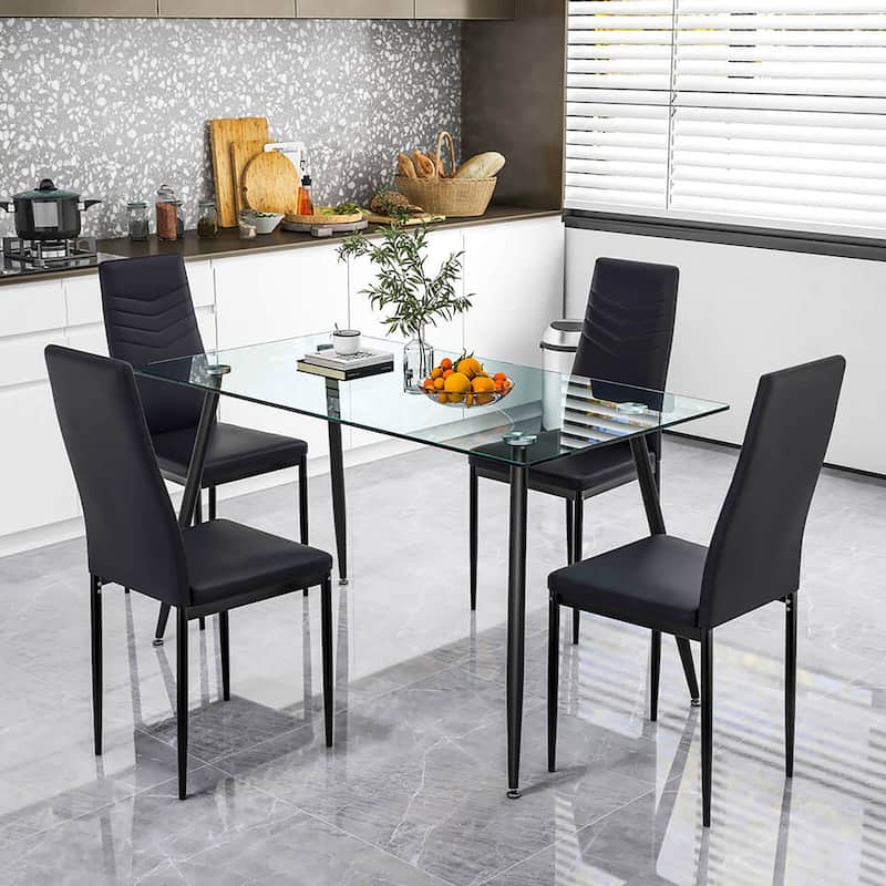 Gymax 5 PCS 51'' Rectangle Dining Set 0.3'' Thick Glass Table w/ 4