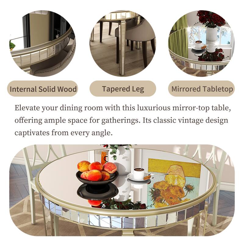 47" Round Mirror Top Table with Gold Geometric Base, Seats 4-6
