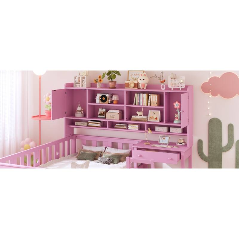 Twin Size Multifunctional Wood Platform Bed with Bookshelf,Built-in Desk and Matching Chair