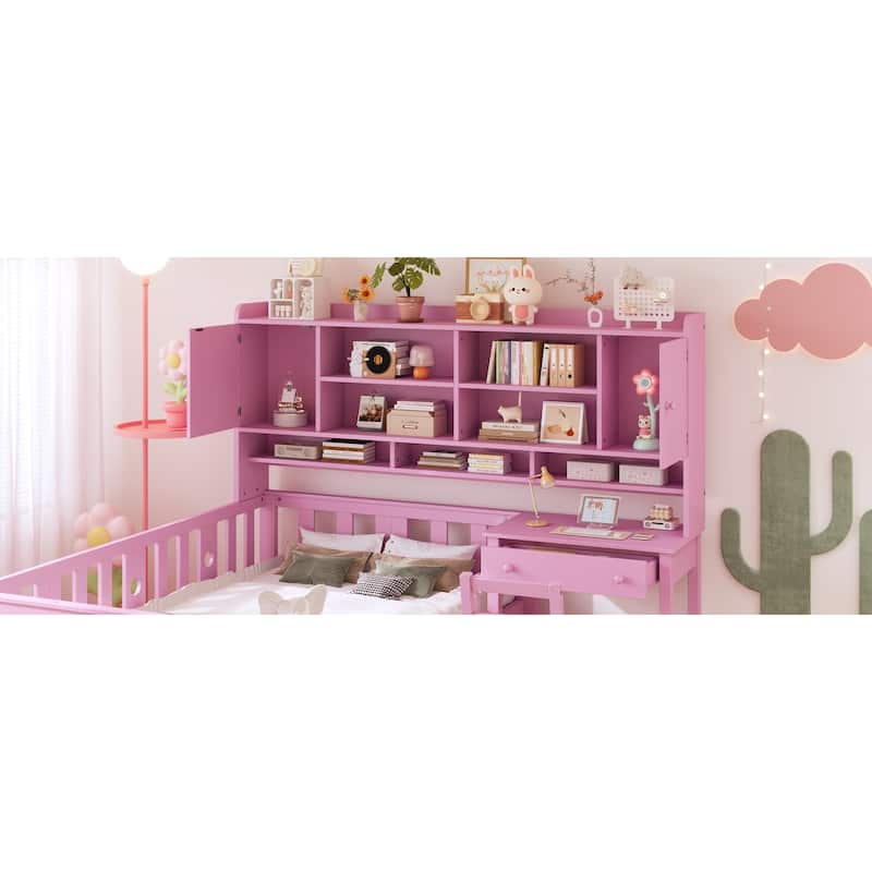 Twin Size Multifunctional Wood Platform Bed with Bookshelf at the Head of the Bed, Built-in Desk and Matching Chair, Pink