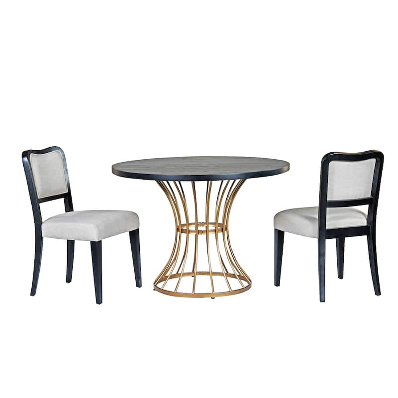 42" Round Dining Set-Solid Wood-Look Veneer Table +2 Upholstered Walnut-Finish Chairs,Heavy-Duty Iron Base,Space-Saving,3-Piece