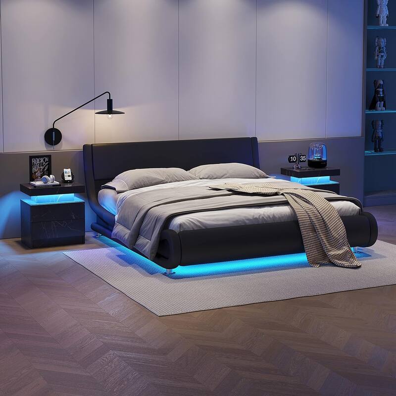 Nightstand LED Bedside Table Cabinet Lights Modern End Side with 2 Drawers for Bedroom (Blue Gold)
