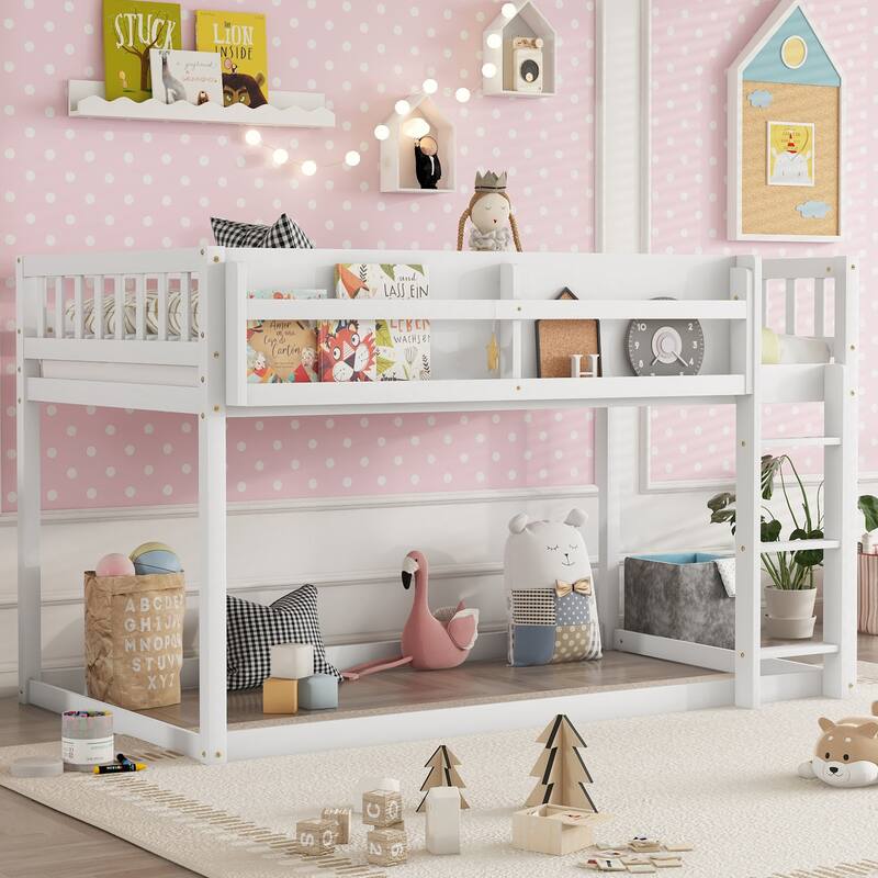 Low Twin Over Twin Bunk Bed, Floor Bunk Bed with Ladder and Storage Shelf, Convertible Design Twin Size Bunk Bed Frame