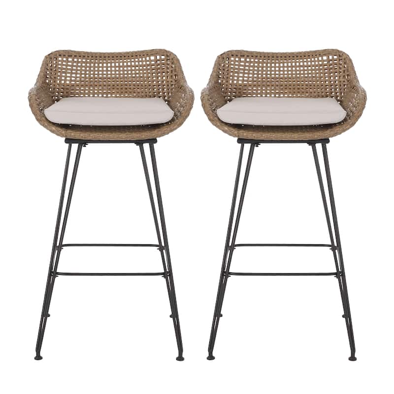 Kevin Outdoor Wicker and Iron Barstool (Set of 2) by Christopher Knight Home