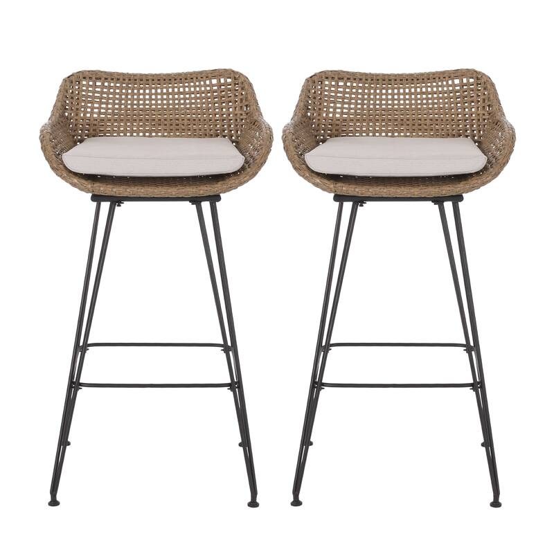 Roomfitters 29.25" Outdoor Wicker and Iron Low Back Barstools, Set of 2, Light Brown with Beige Cushions, Modern Patio Design
