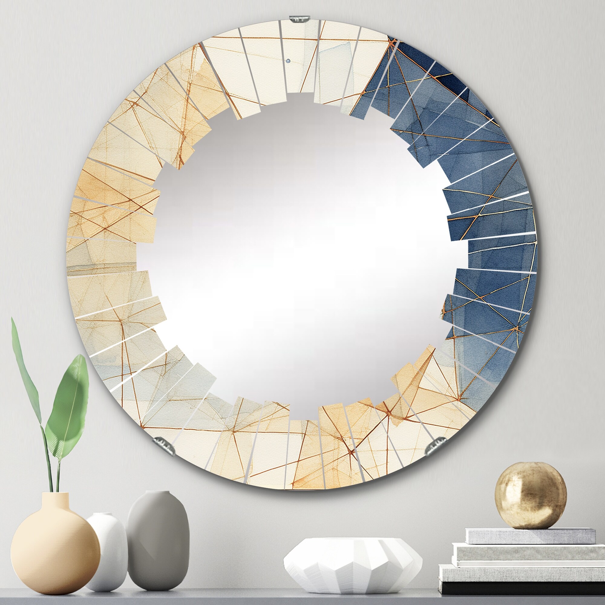 Designart "Minimalist Blue and Gold II" Abstract Shapes Modern Wall Mirror