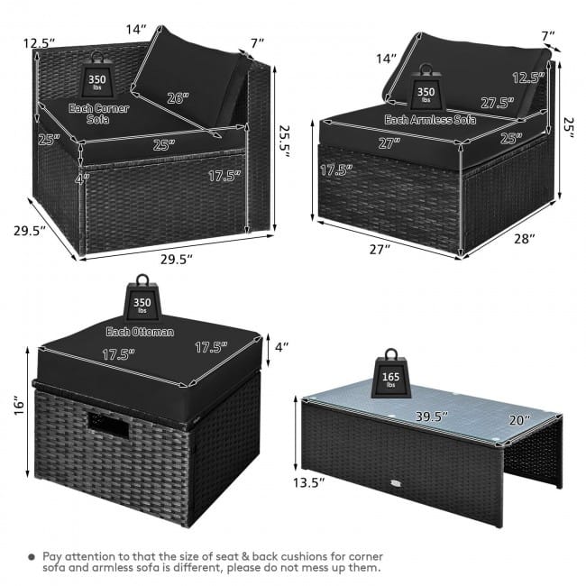 8 Pieces Patio Rattan Storage Table Furniture Set - 25" x 25" x 4" (L x W x D)