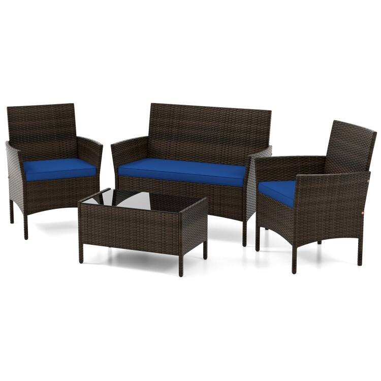 4 Piece Outdoor Rattan Patio Set with Cushions and Glass Table - 39.5" x 22.5" x 32"