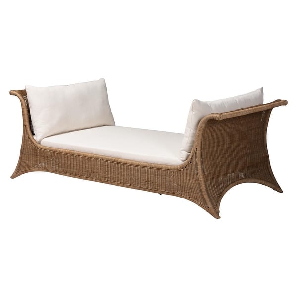 slide 2 of 9, Kalisha Natural Rattan Daybed with Cushions - Coastal Boho Indoor Lounge Sofa Bench for Living Room, Sunroom, or Bedroom Greywash