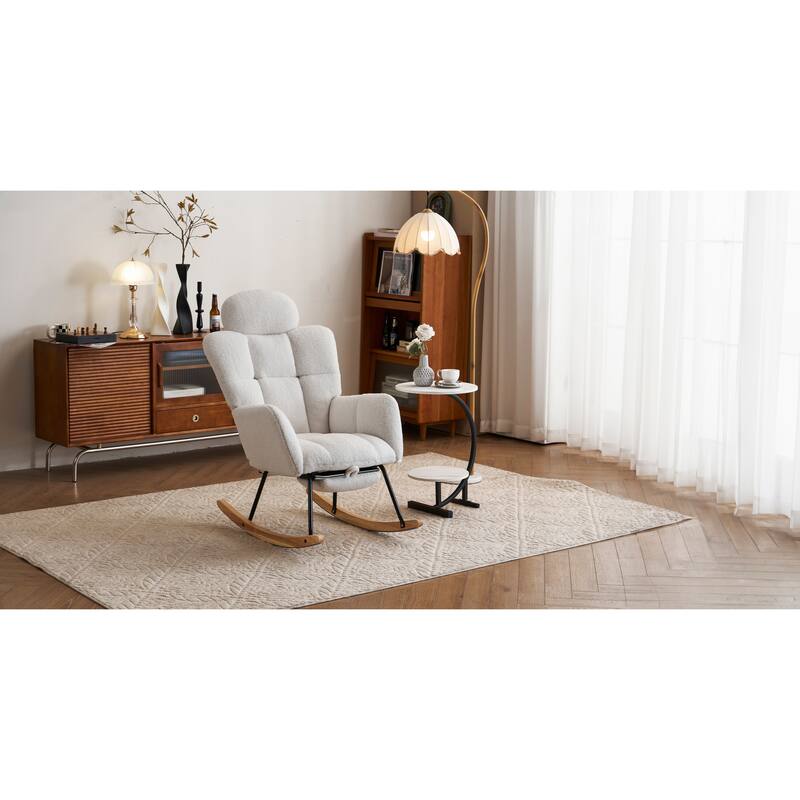 Comfortable Teddy Fabric Upholstered Rocking Chair with High Backrest and Pillows for Indoor Use