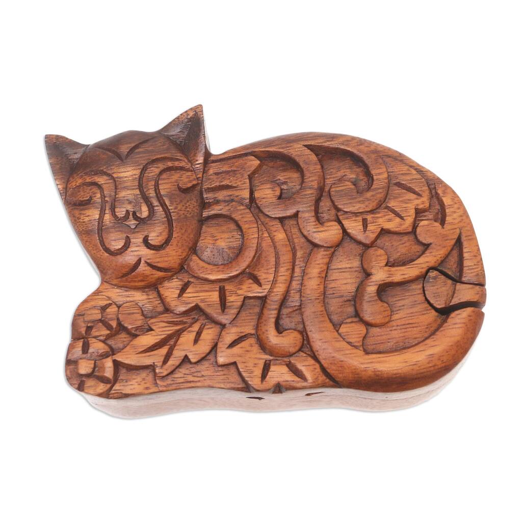Novica Handmade Sleepy Cat Wood Puzzle Box
