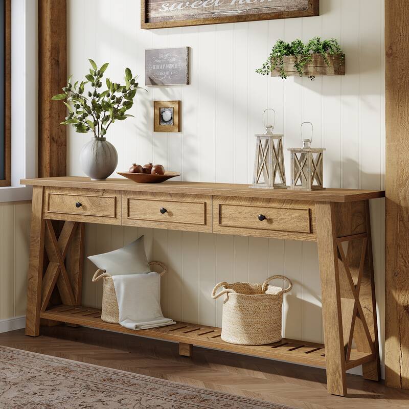Long Sofa Table with 3 Storage Drawers - Brown