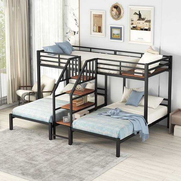 slide 2 of 26, Metal Twin Over Twin & Twin Bunk Bed with Staircase Storage Shelves, Triple Bunk Design Black