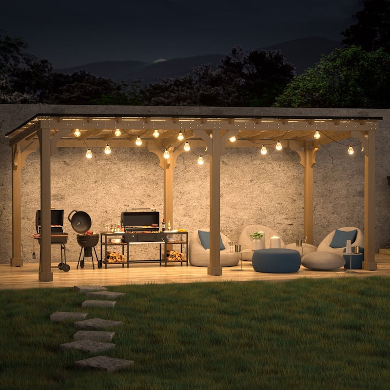 VEIKOUS Wood BBQ Grill Gazebo with Steel Roof for Patio Garden Backyard and Lawn