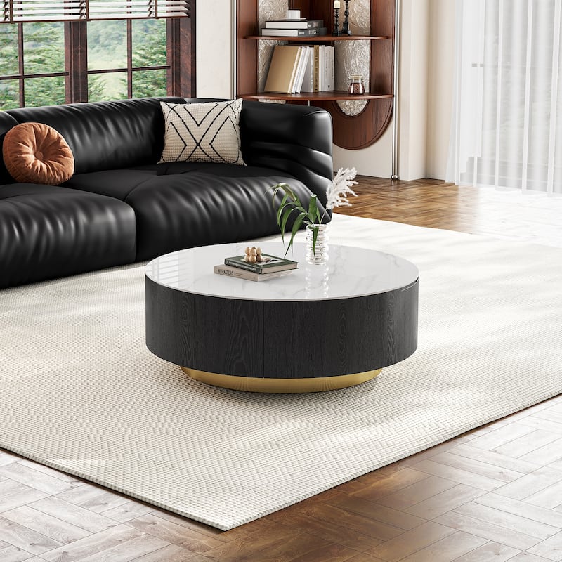 35.43" Round Coffee Table with Lift Top & Drawer, Faux Marble Surface, Solid Wood for Modern Living Spaces