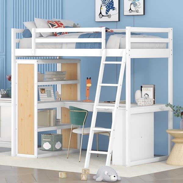 slide 2 of 23, Functional Twin Loft Bed with Shelving and Work Area, Made of Pine White - Twin