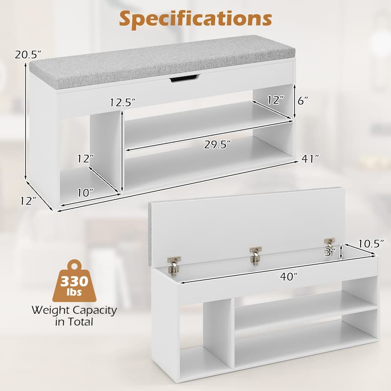 Engineered Wood Shoe Bench with Cushion and Storage Shelves - 41" x 12" x 20.5" (L x W x H)