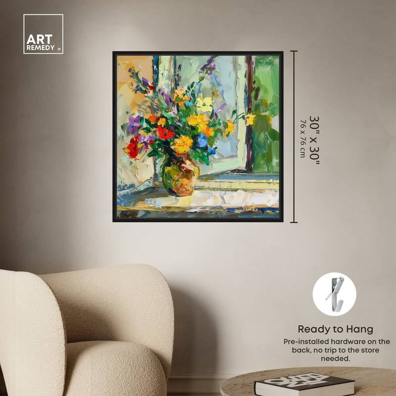 Art Remedy Vase By The Window Framed Impressionism 1 Piece Canvas Wall Art /Monet And Van Gogh Inspired Art