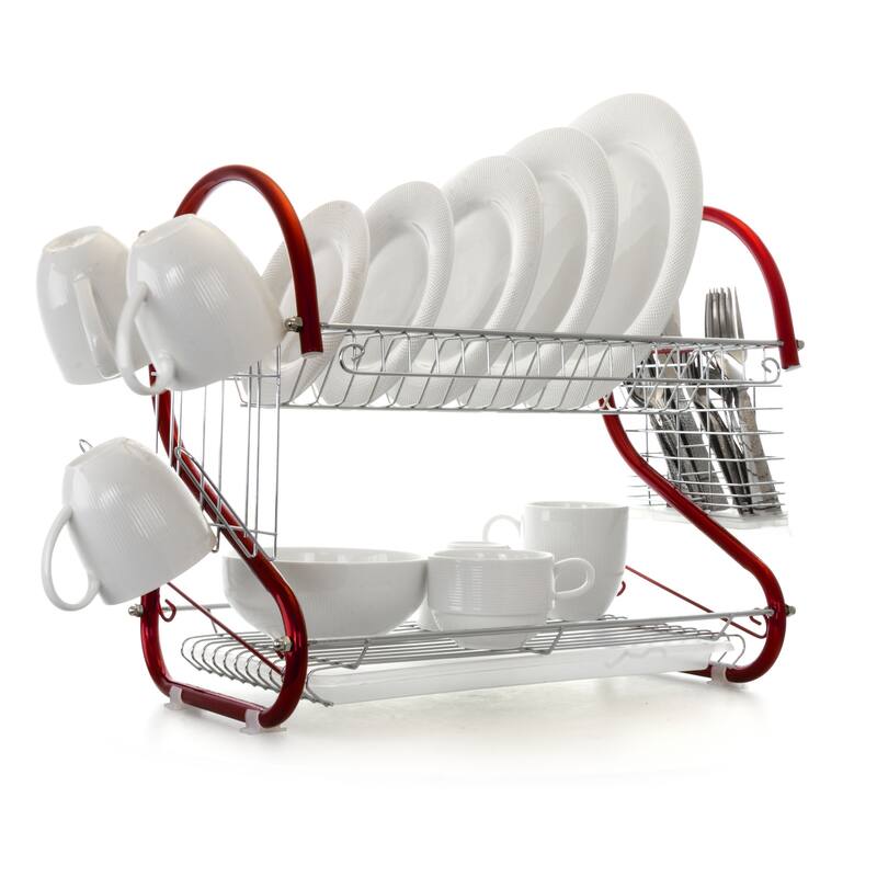 Space-Saving 16 Inch Dual Shelf Countertop Dish Rack in Red