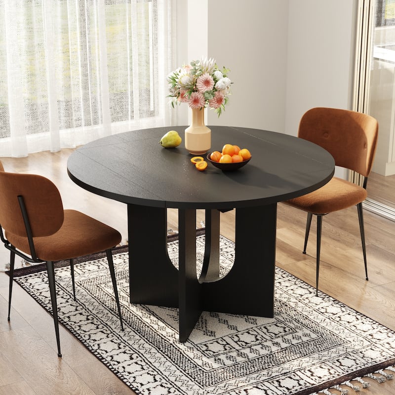 Folding Wood Grain Dining Table with Expandable Round Top Modern Sculptural Base