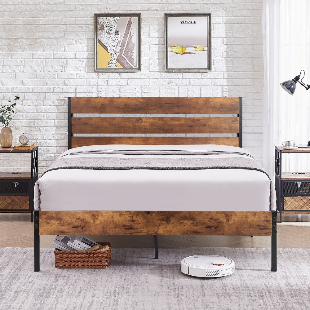 Javlergo Platform Bed Frame with Wood Headboard, Strong Metal Slats Support No Box Spring Needed