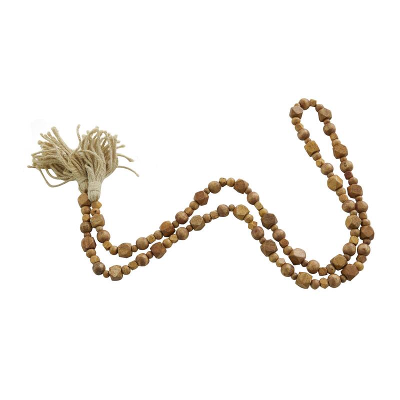 Mango Wood Handmade Hexagon Carved Geometric Long Beaded Garland with Tassel - Roche River Decor