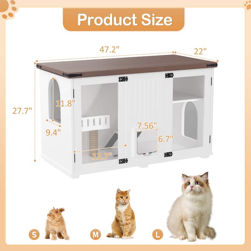 Anmytek Large Cat Litter Box Enclosure Furniture Hidden Cat House With LED Light Stairs Scratching Post Smart Doors