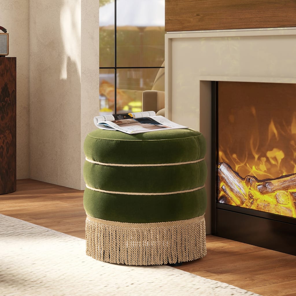 Edward 17.5" Round Upholstered Ottoman with Gold Bullion Fringe