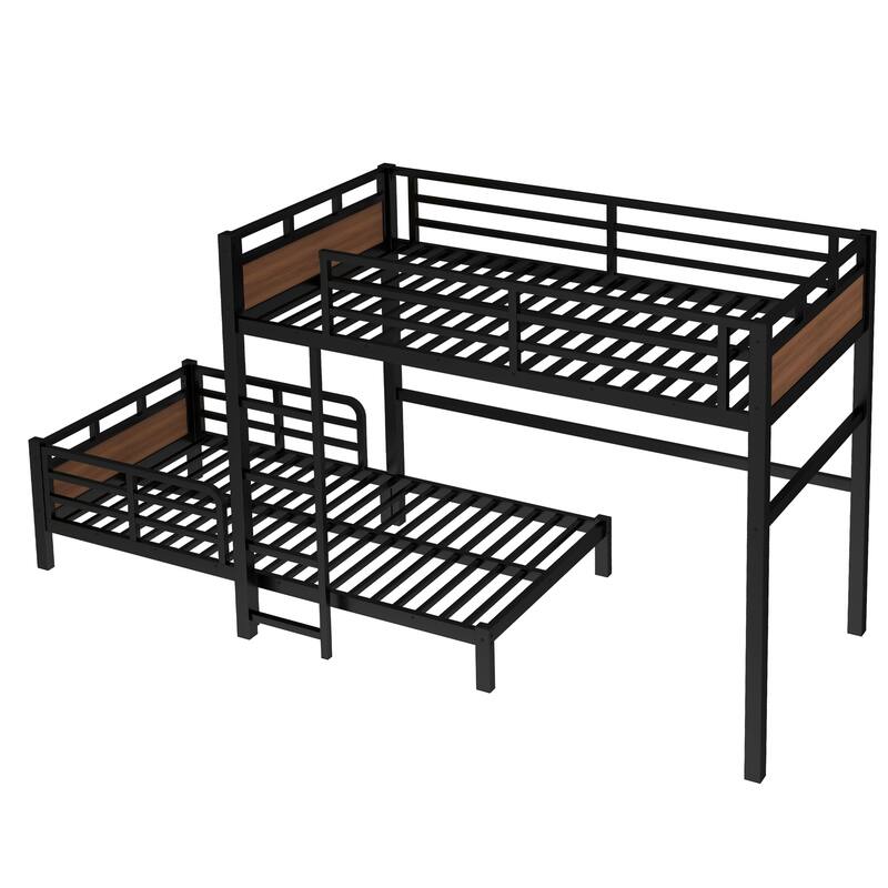 Twin XL Metal Bunk Bed with Security Fence, Convertible and Space-Saving Design, Walnut Finish