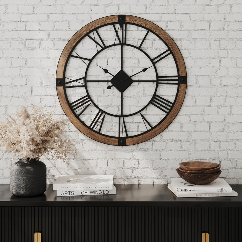 Marinela Round Wood Modern Farmhouse Wall Clock - 33"H x 33"W x 0.5"D