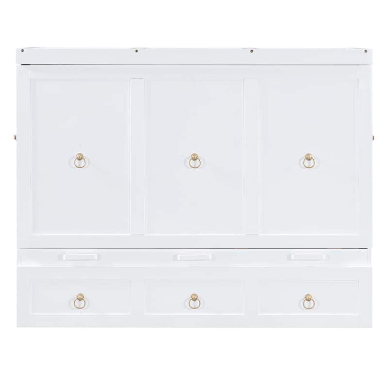 White Queen Size Space-Saving Design Murphy Bed with USB Port and Large Drawer for Bedroom