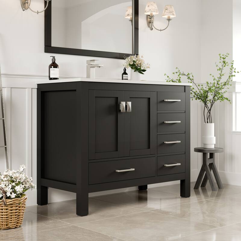 London 42 in. White SS Bath Vanity with Carrara Quartz Top & Undermount Sink