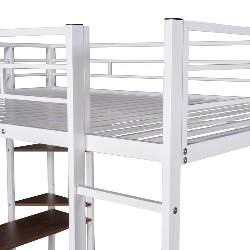 Full Size Metal Loft Bed with Desk and Shelves, Integrated Ladder and Guardrails