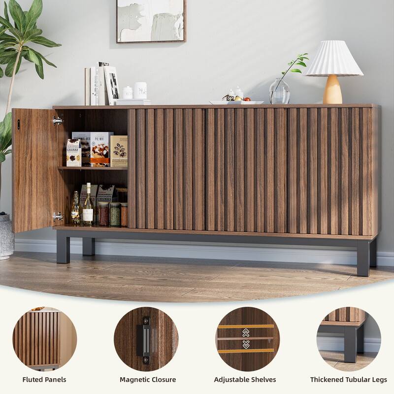 Meyreso 63 Inch Fluted Buffet Cabinet with Shelves & 4 Doors