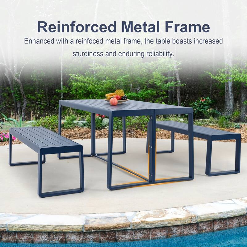 Aoodor 3-Piece Outdoor Patio Dining Set, Aluminum Furniture Set with 1 Rectangular Picnic Table and 2 Benches - N/A