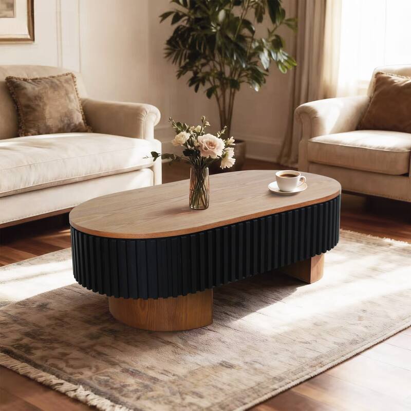 43.7" Elliptical Solid Wood Veneer Coffee Table with Hidden Storage, Black + Walnut