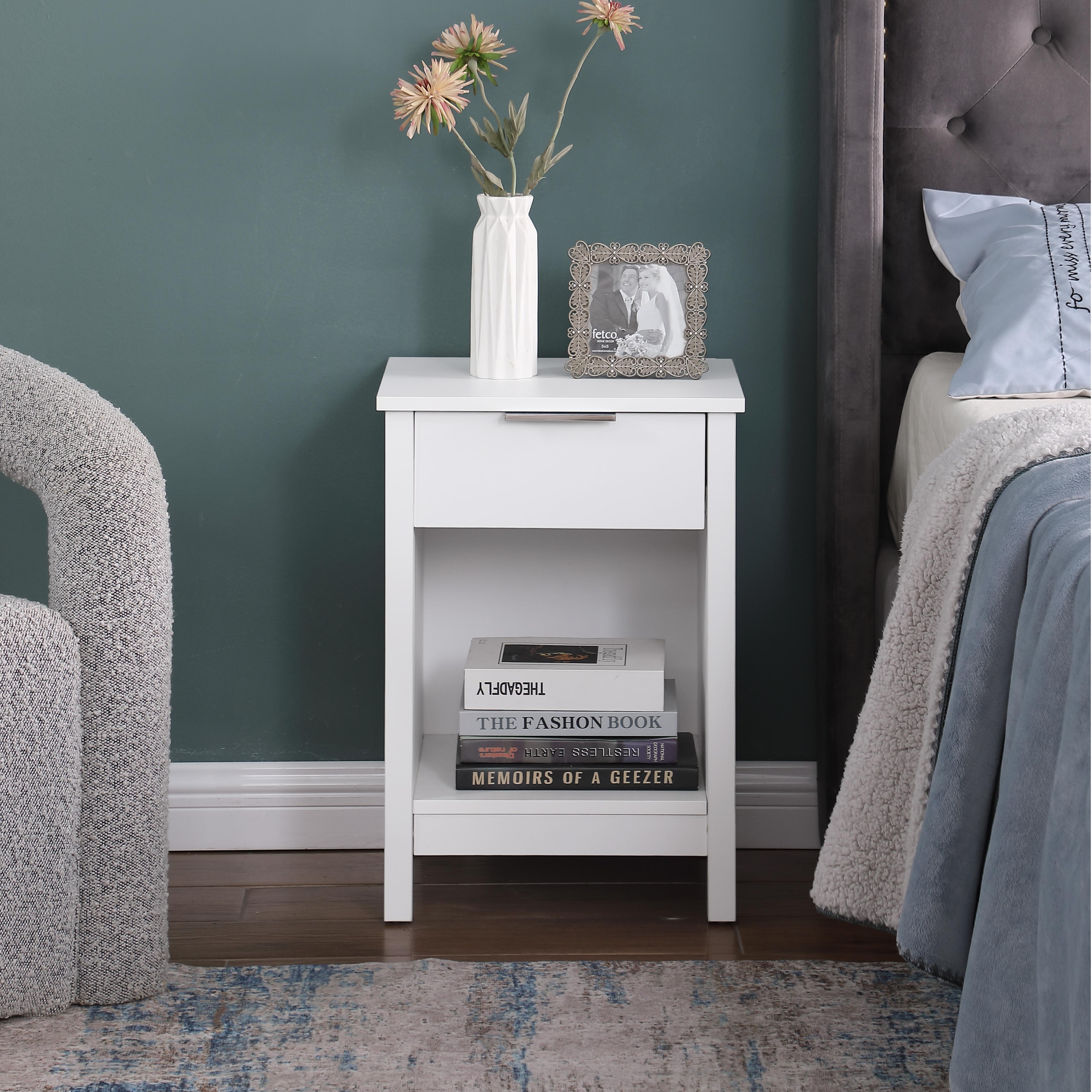 Nightstand File Cabinet Lamp Cabinet Corner Table with Drawer, White End Table Side Table with Open Shelf