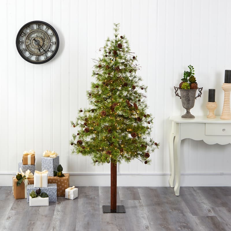 6ft. Alpine Artificial Christmas Tree with 150 Clear Multifunction LED Lights & Pine Cones on Trunk - Rustic Holiday X-Mas Tree