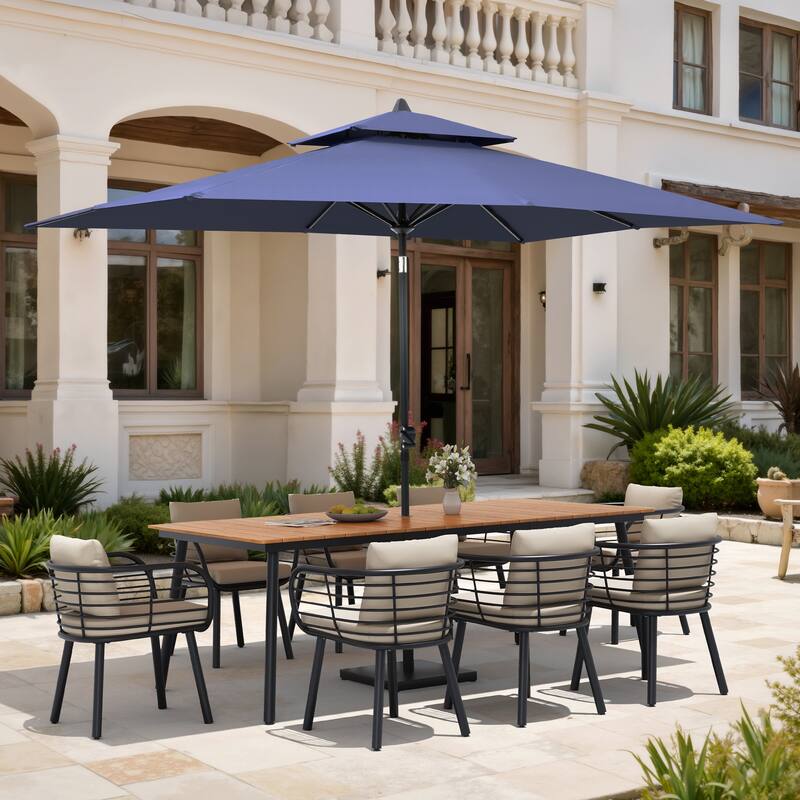 11PC Outdoor Patio Dining Set Aluminum Table with Sunbrella Cushion Chairs w/ Market Umbrella Sets